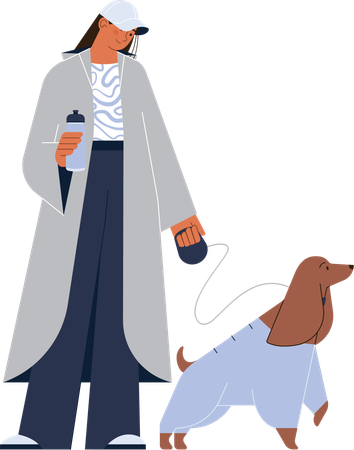 Girl standing with dog while holding coffee  Illustration