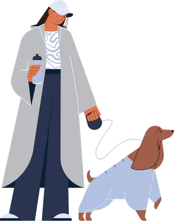 Girl standing with dog while holding coffee  Illustration