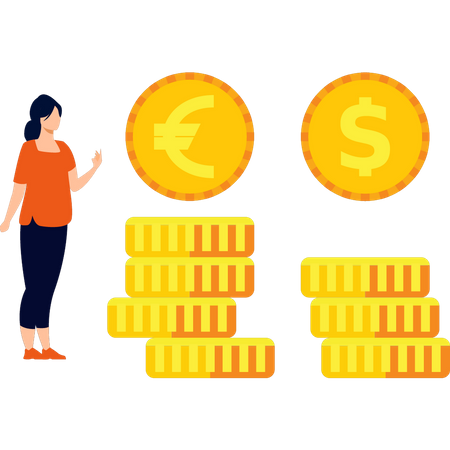 Girl standing with dollar and euro coins  イラスト