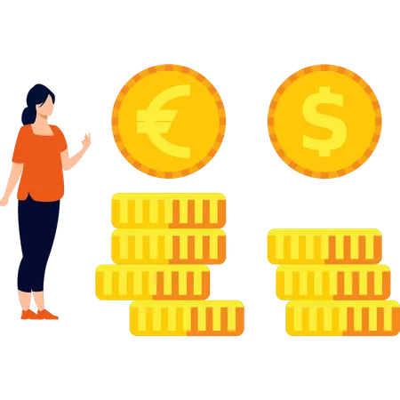 Girl standing with dollar and euro coins  イラスト