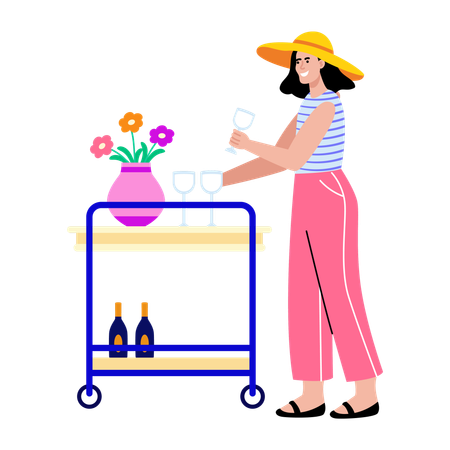 Girl standing with food trolley  Illustration