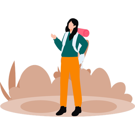 Girl standing with her camping bag  Illustration