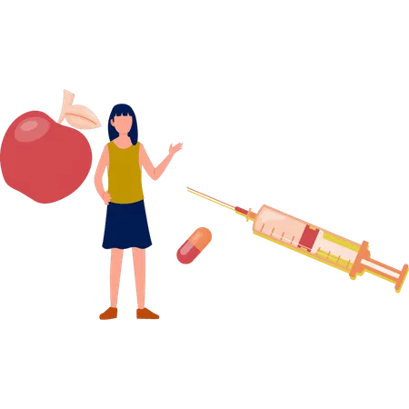 Girl standing with injection and apple  Illustration