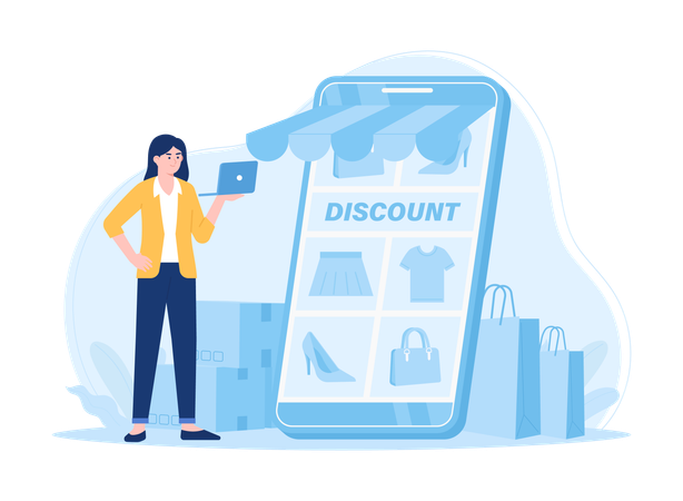 Girl standing with laptop while doing shopping promotion  Illustration