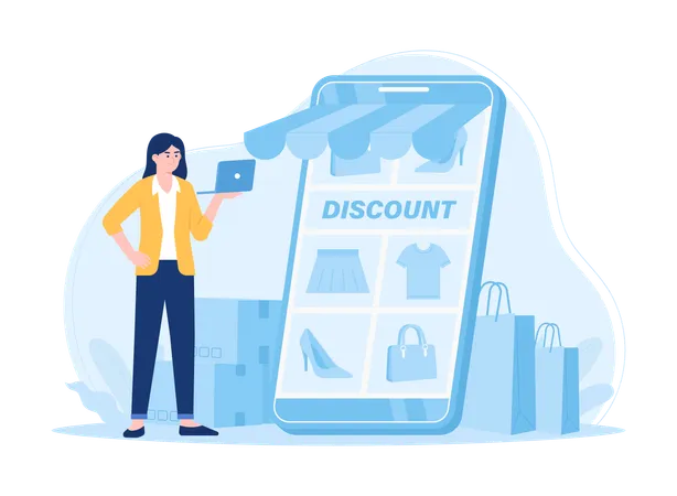 Girl standing with laptop while doing shopping promotion  Illustration