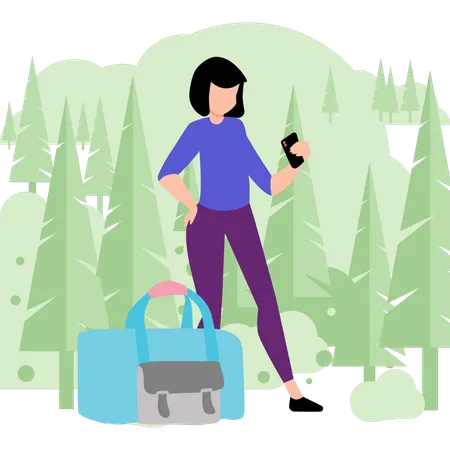Girl standing with luggage  Illustration