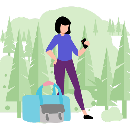 Girl standing with luggage  Illustration