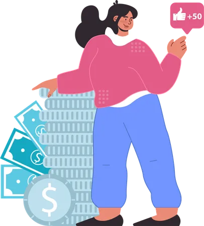Girl standing with money stack  Illustration