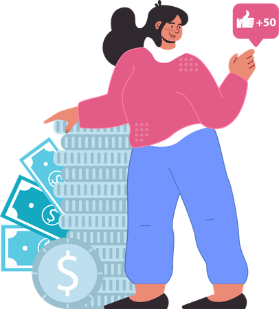 Girl standing with money stack  Illustration