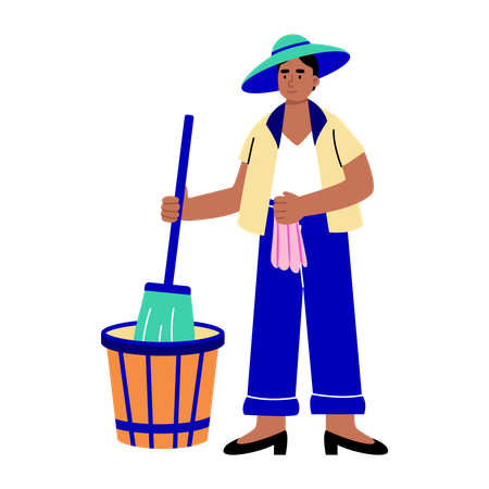 Girl standing with mop  Illustration