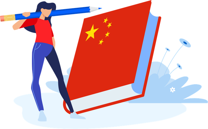 Girl standing with pencil and China book  Illustration
