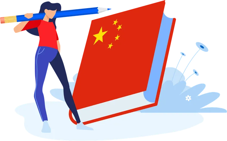 Girl standing with pencil and China book  Illustration