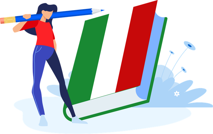 Girl standing with pencil and italy book  Illustration