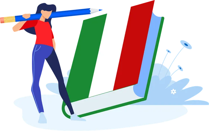 Girl standing with pencil and italy book  Illustration