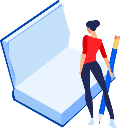 Girl standing with pencil and open book  Illustration