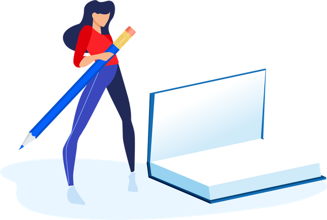 Girl standing with pencil and open book  Illustration