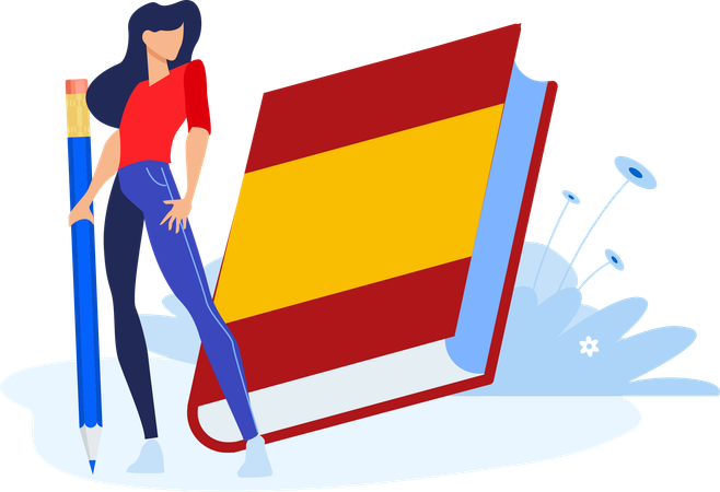 Girl standing with pencil and Spain book  Illustration