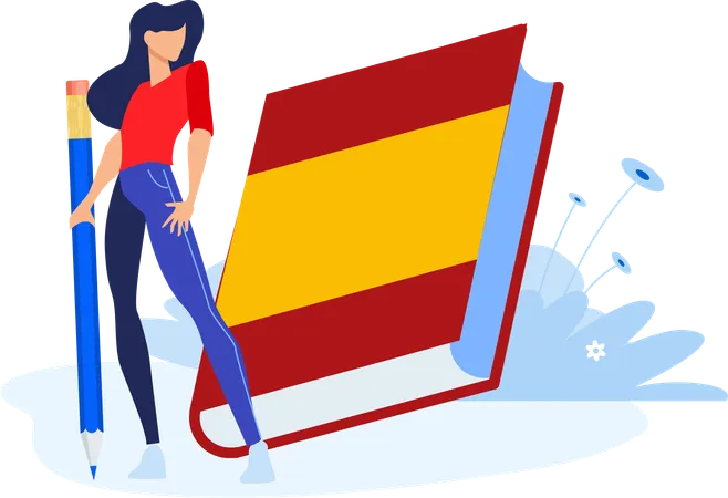 Girl standing with pencil and Spain book  Illustration