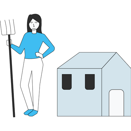 Girl standing with pitchfork near the farmhouse  Illustration
