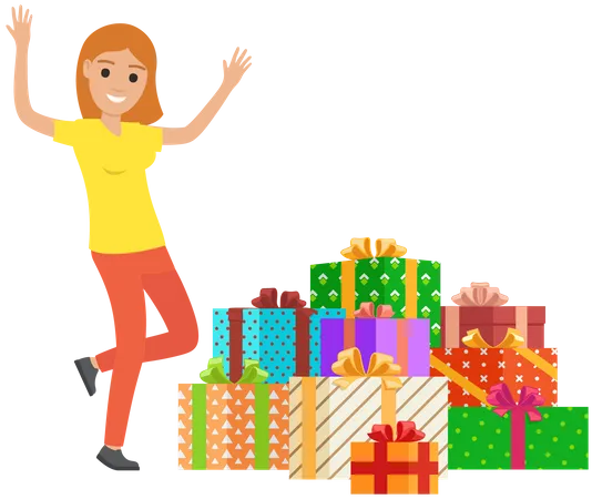 Happy Woman Dancing Near Stack Of Birthday Gifts In Wrapped Boxes Young Smiling Person Recoices In Giftboxes Girl Standing With Presents Female Character Raises His Hands In Happiness On Holiday Illustration