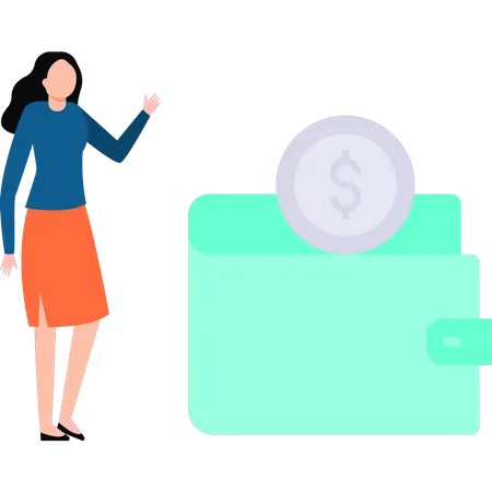 Girl standing with purse of dollars  Illustration