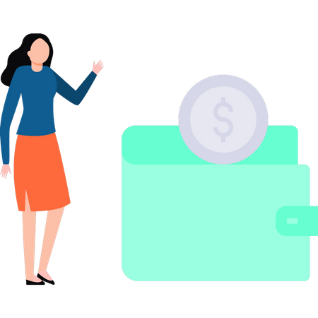 Girl standing with purse of dollars  Illustration