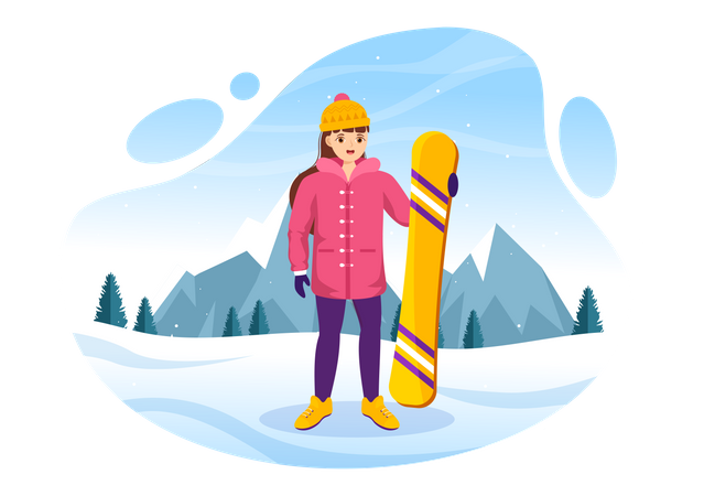 Girl Standing with Snowboard Illustration