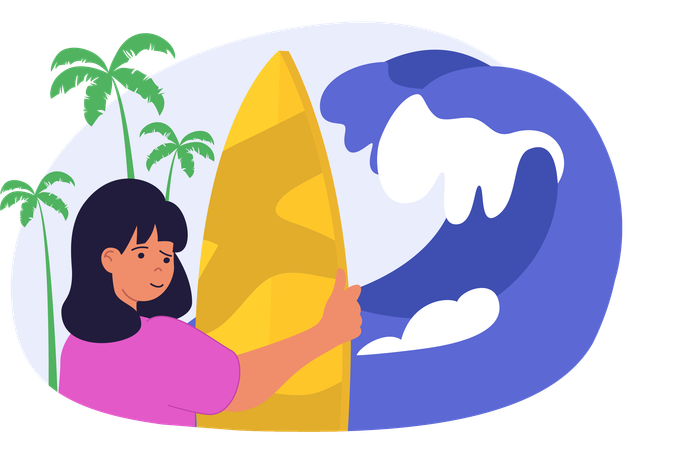 Girl standing with surf board  Illustration