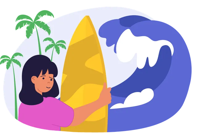 Girl standing with surf board  Illustration