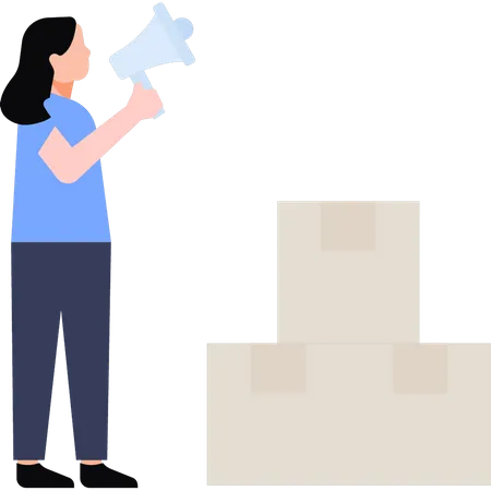 Girl stands near parcel boxes with megaphone  Illustration