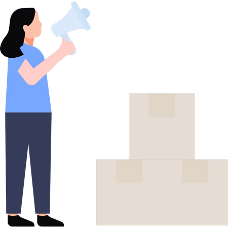 Girl stands near parcel boxes with megaphone  Illustration