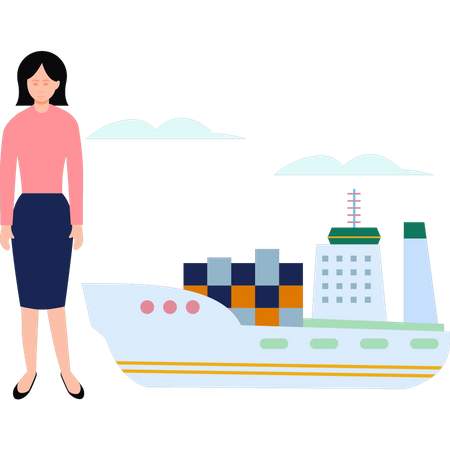 Girl stands near shipping cruise  Illustration
