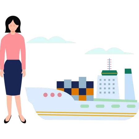 The Girl Stands Near The Shipping Cruise Illustration