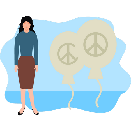 Girl stands next to peace balloon Illustration