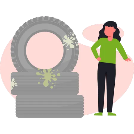 Girl stands next to the dynamite tire  Illustration