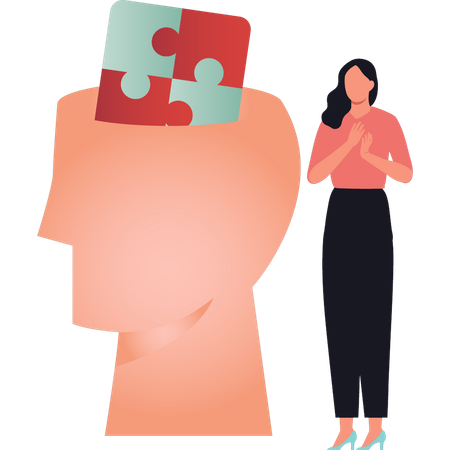 Girl stands next to the puzzle in the brain  Illustration