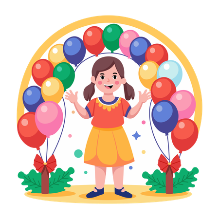 Girl stands under balloon arch  Illustration