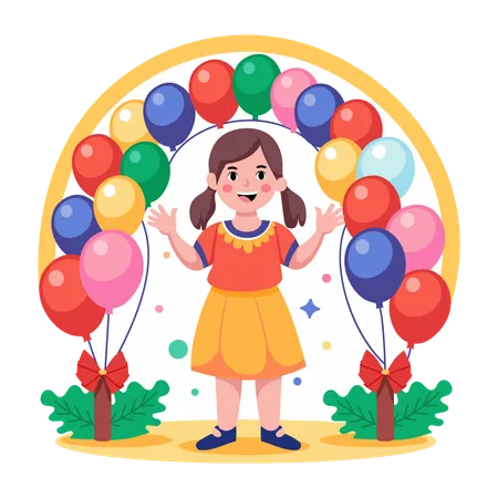 Girl stands under balloon arch  Illustration