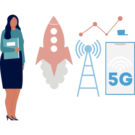 Girl starting 5G arrangement internet  Illustration