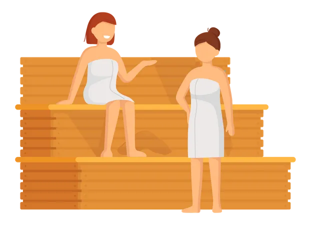 People Steaming In Sauna Concept Women Wearing Bath Towel Sitting On Wooden Bench In Bath Heat Therapy Relaxation And Rest Girls Relax And Steam In Traditional Russian Banya Or Finnish Sauna Illustration