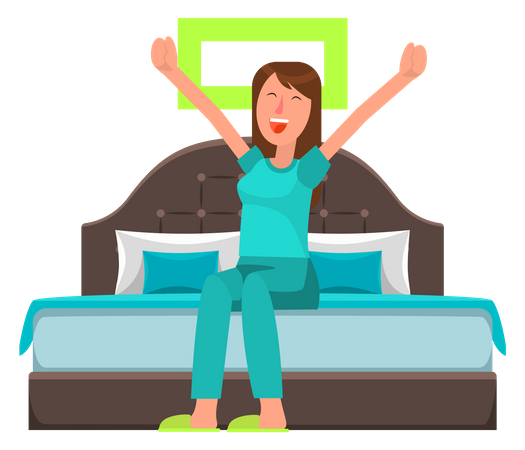 Girl stretching after sleep in bedroom  Illustration