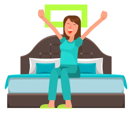 Girl stretching after sleep in bedroom Illustration
