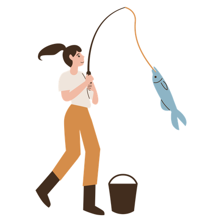 Girl strike big fish  Illustration