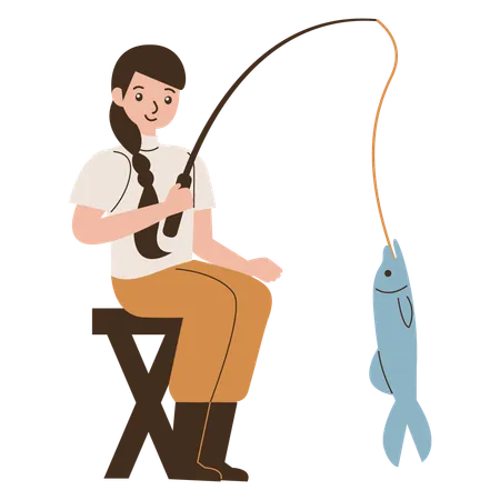 Girl strike fishing  Illustration