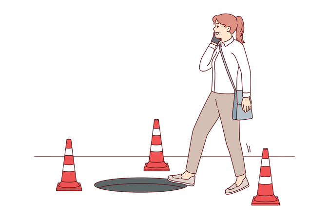 Girl strolling in construction zone while talking on her phone  イラスト