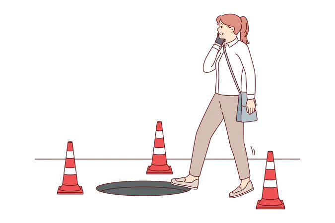 Girl strolling in construction zone while talking on her phone  Illustration