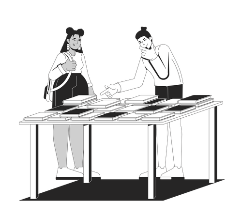 Girl student backpack and man pointing at book table discussing preferences  Illustration