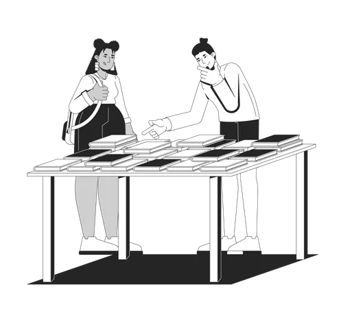 Girl student backpack and man pointing at book table discussing preferences  Illustration