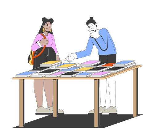 Girl student backpack and man pointing at book table discussing preferences  Illustration