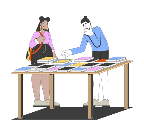 Girl student backpack and man pointing at book table discussing preferences  Illustration